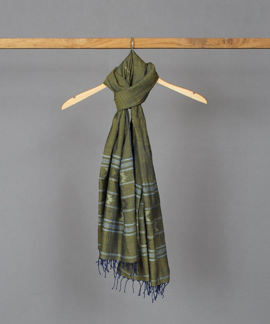 Olive muslin stole in multicolor jamdani motif