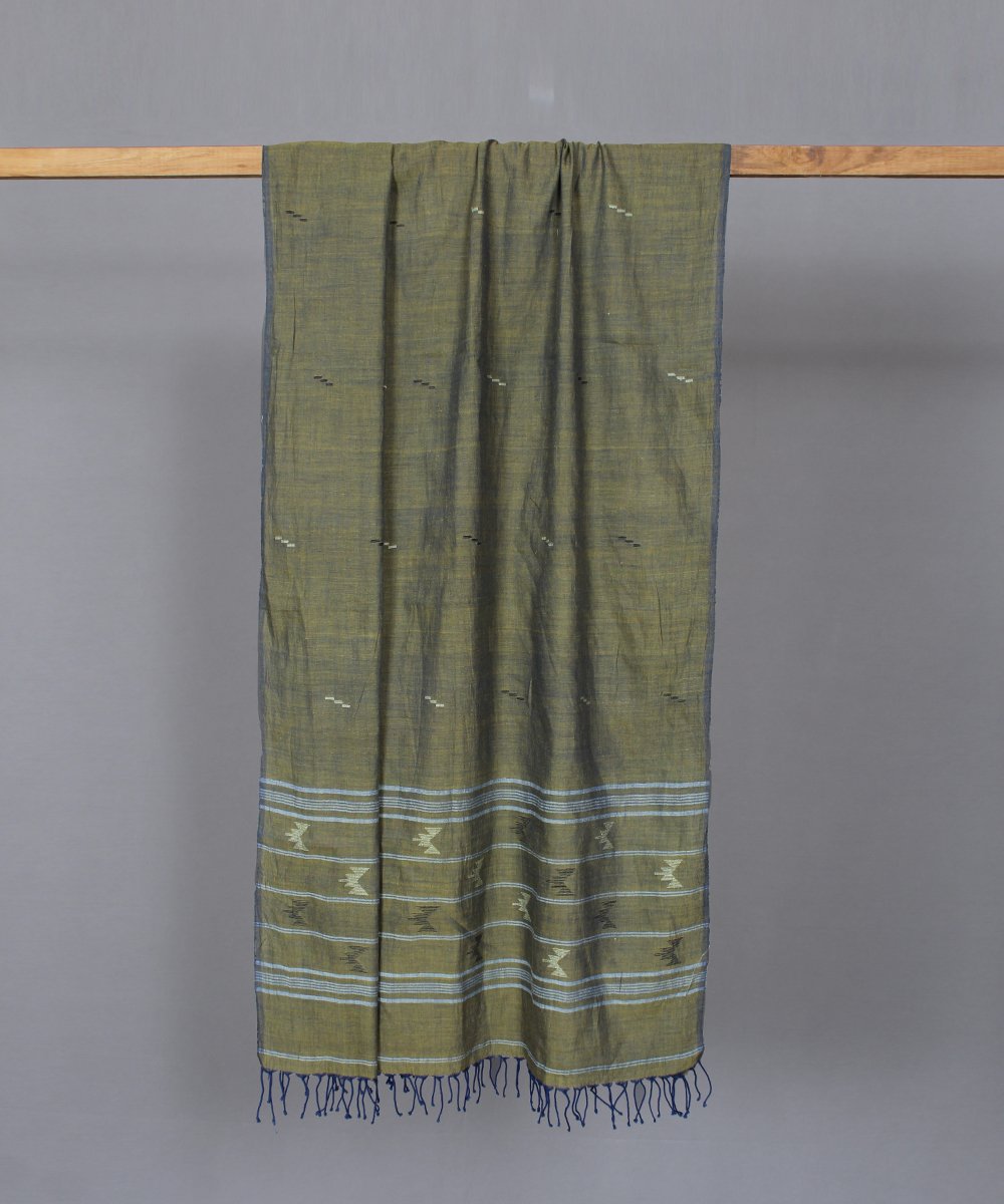 Olive muslin stole in multicolor jamdani motif