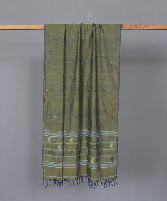 Olive muslin stole in multicolor jamdani motif