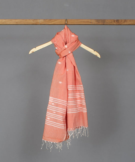 Peach muslin stole in white jamdani motif