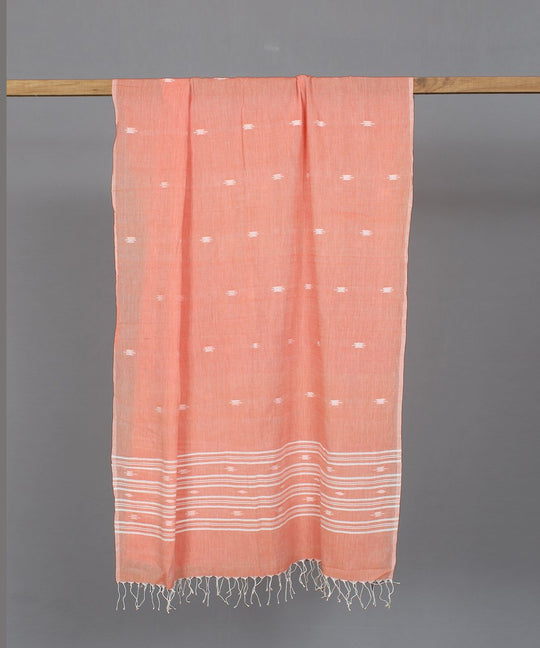 Peach muslin stole in white jamdani motif