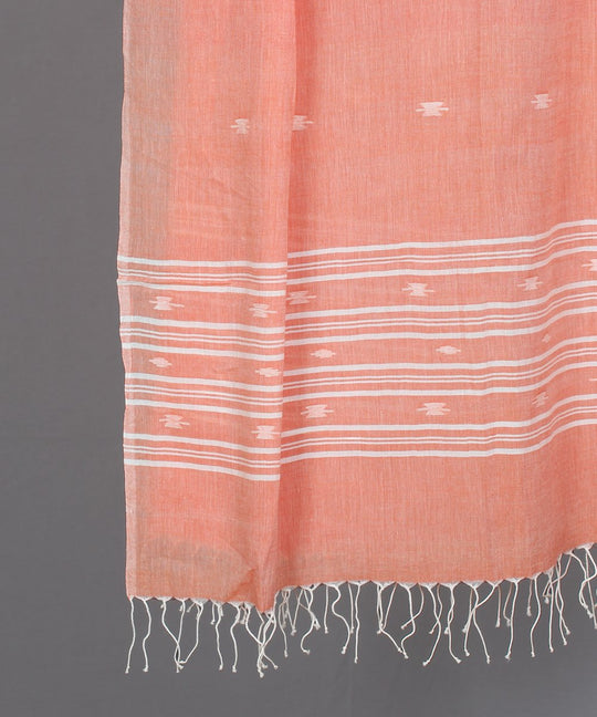 Peach muslin stole in white jamdani motif