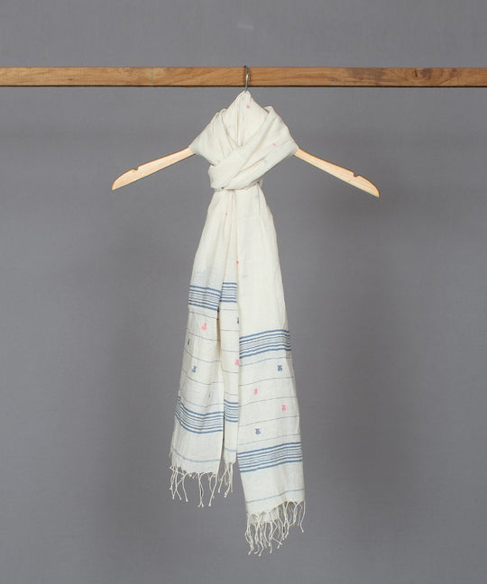 Natural white muslin stole in jamdani motif