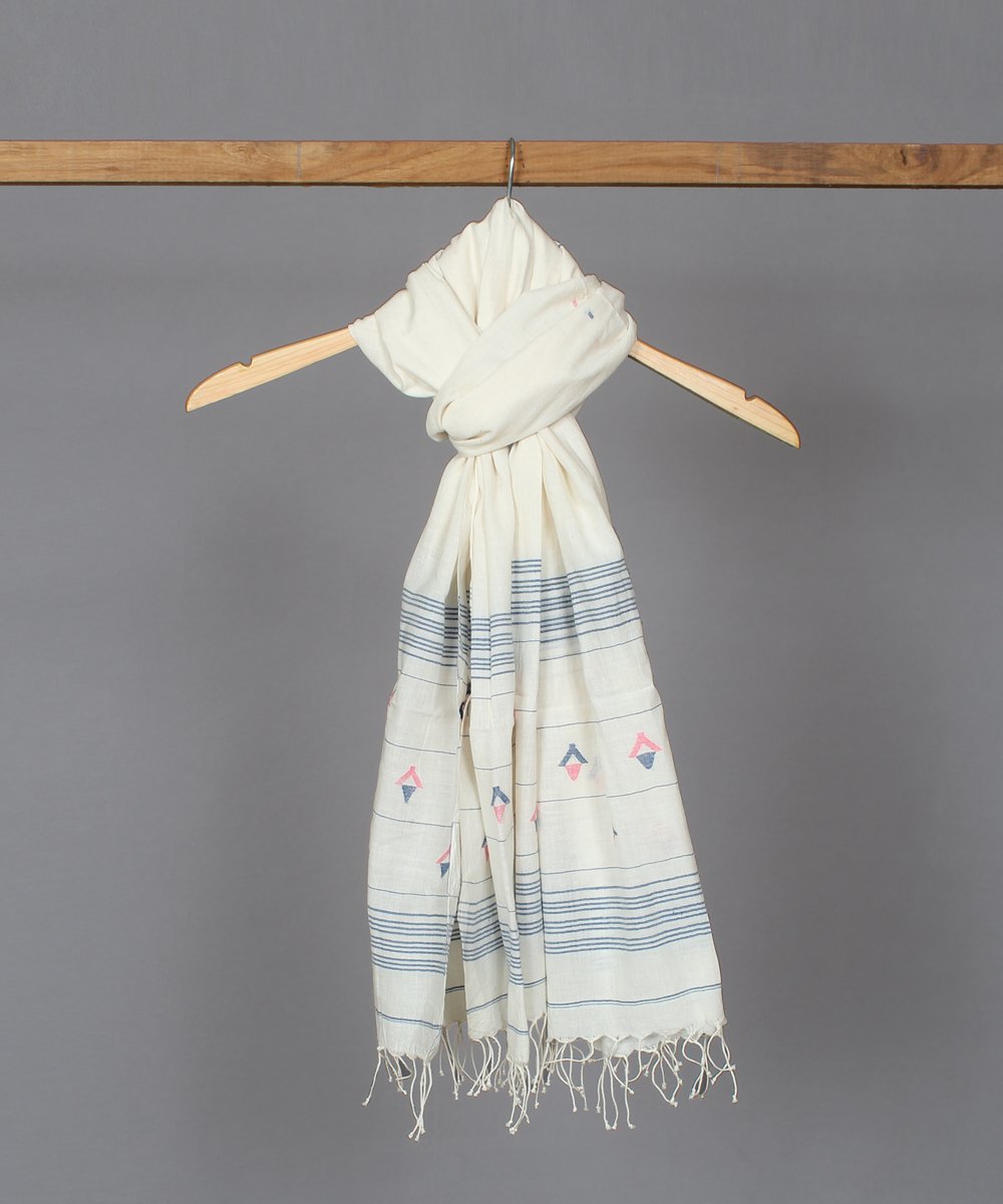 Natural white muslin stole in multicolor jamdani motif