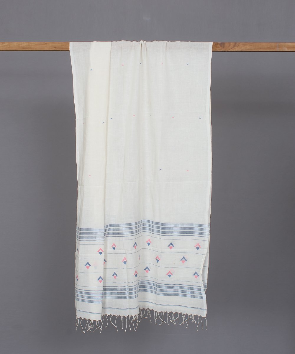 Natural white muslin stole in multicolor jamdani motif