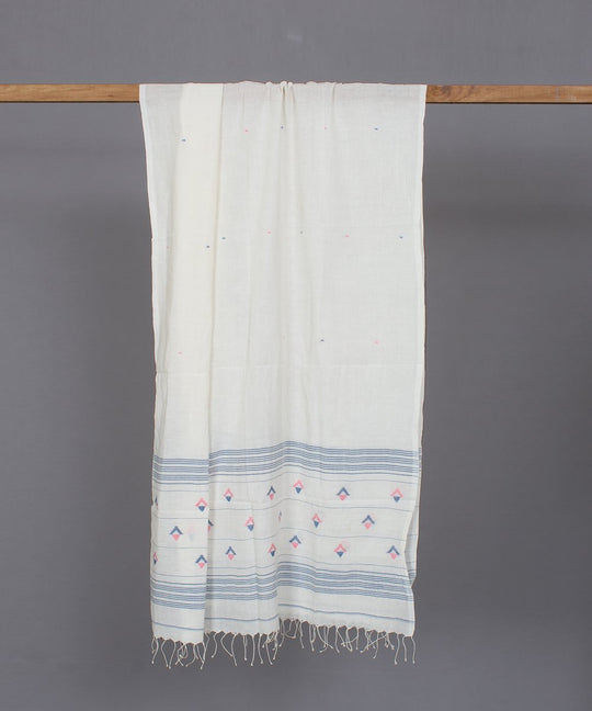 Natural white muslin stole in multicolor jamdani motif