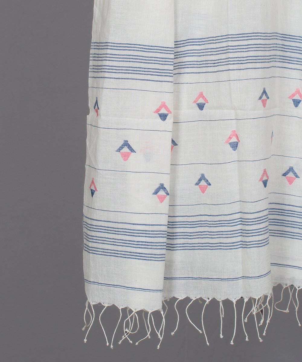 Natural white muslin stole in multicolor jamdani motif