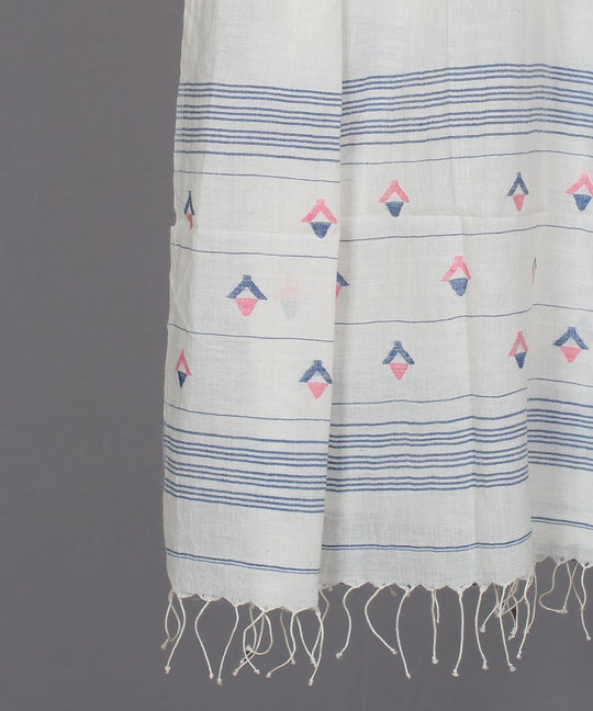 Natural white muslin stole in multicolor jamdani motif