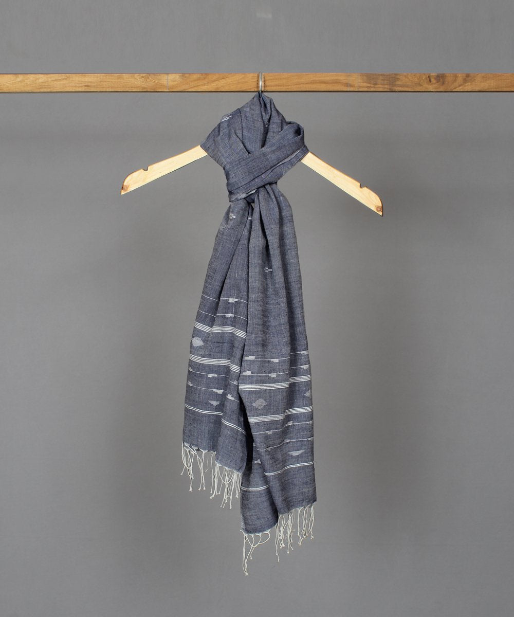 Lead grey muslin stole in white jamdani motif