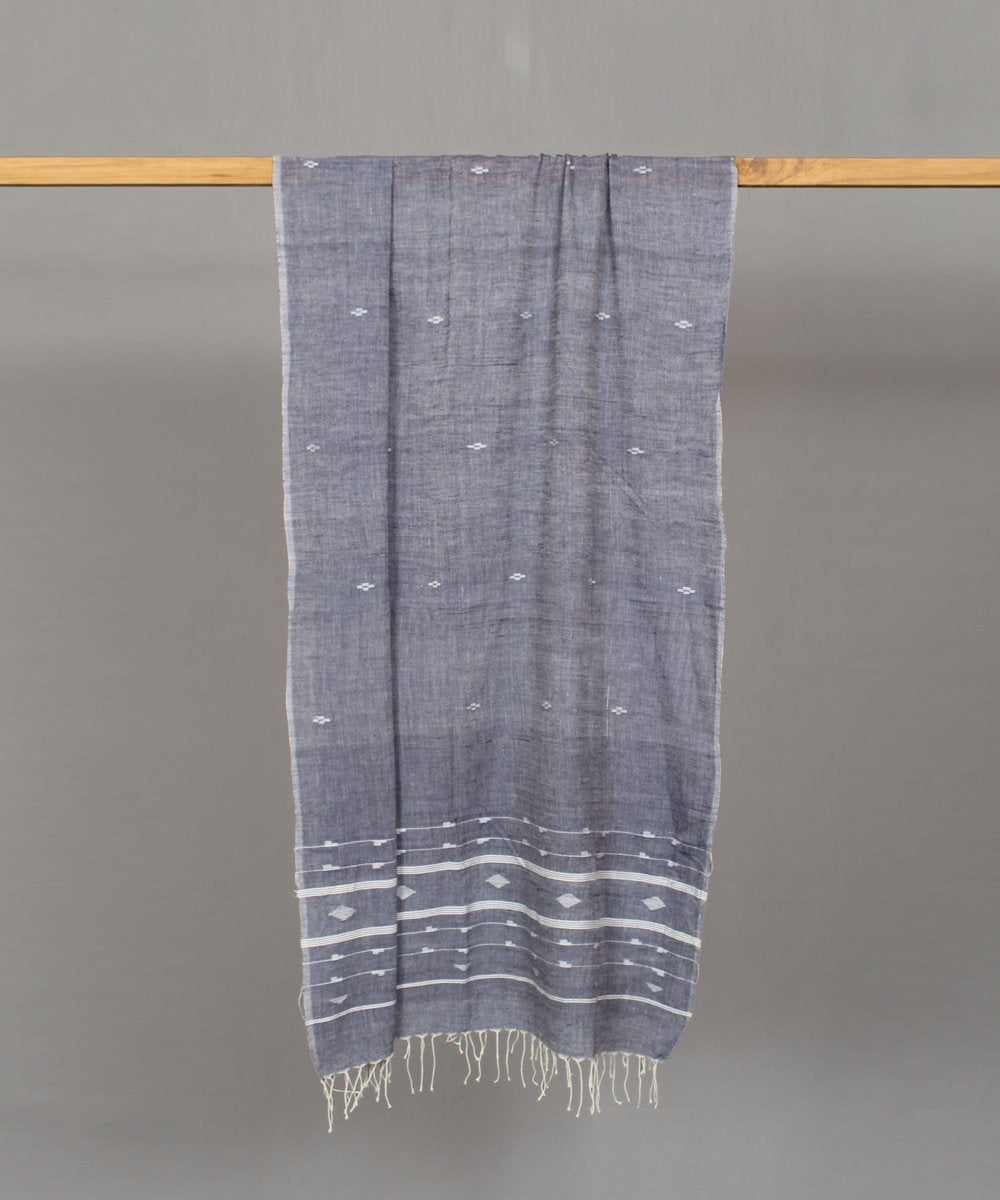 Lead grey muslin stole in white jamdani motif