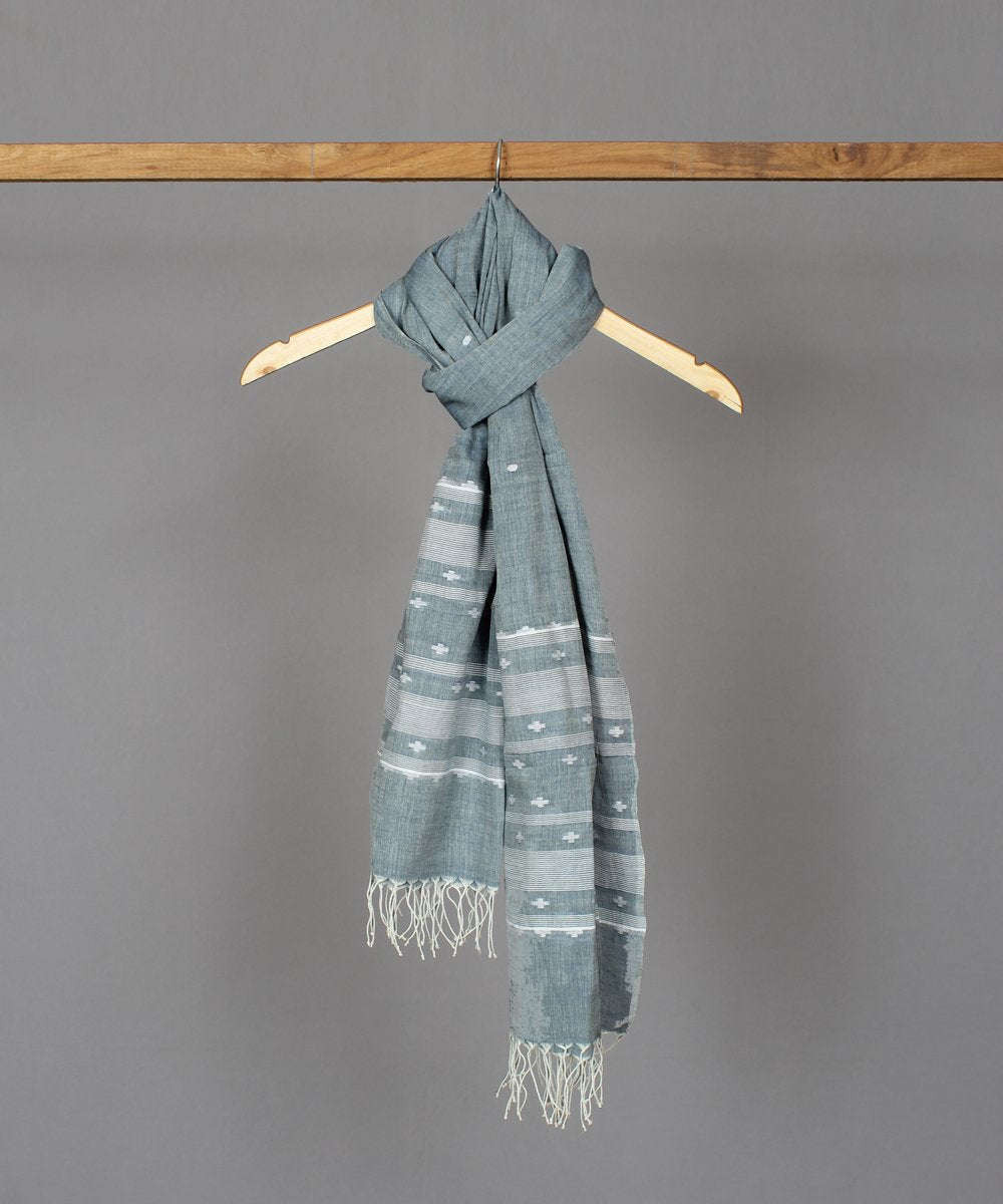 Steel grey muslin stole in white jamdani motif