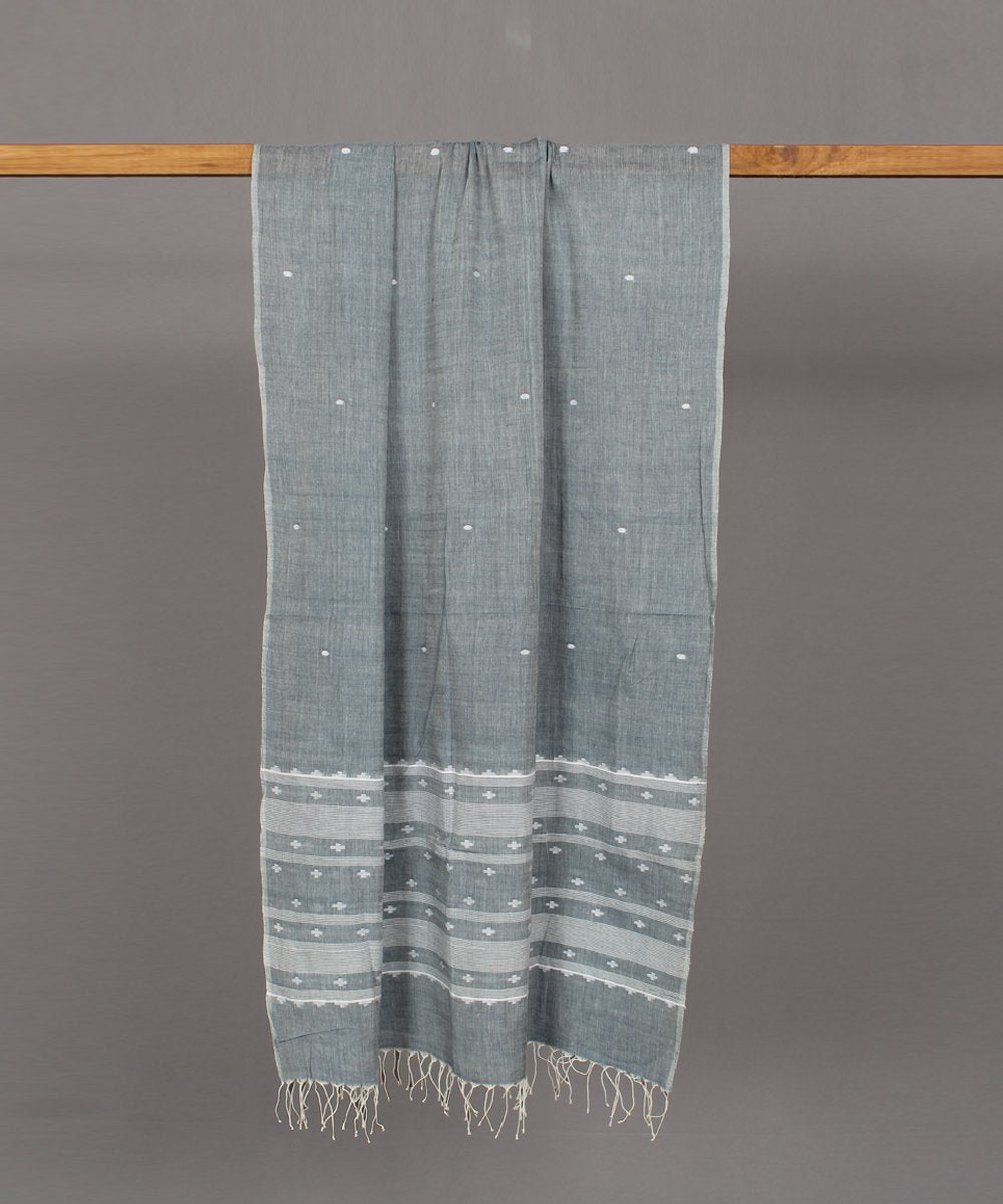 Steel grey muslin stole in white jamdani motif