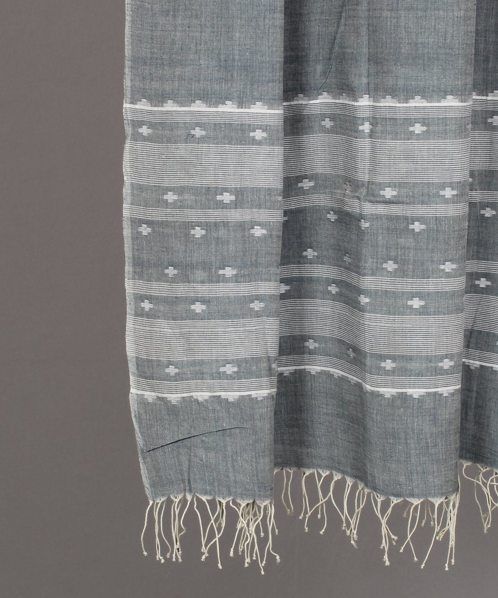 Steel grey muslin stole in white jamdani motif