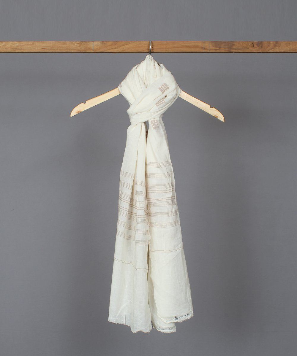 Natural white muslin stole in brown jamdani motif