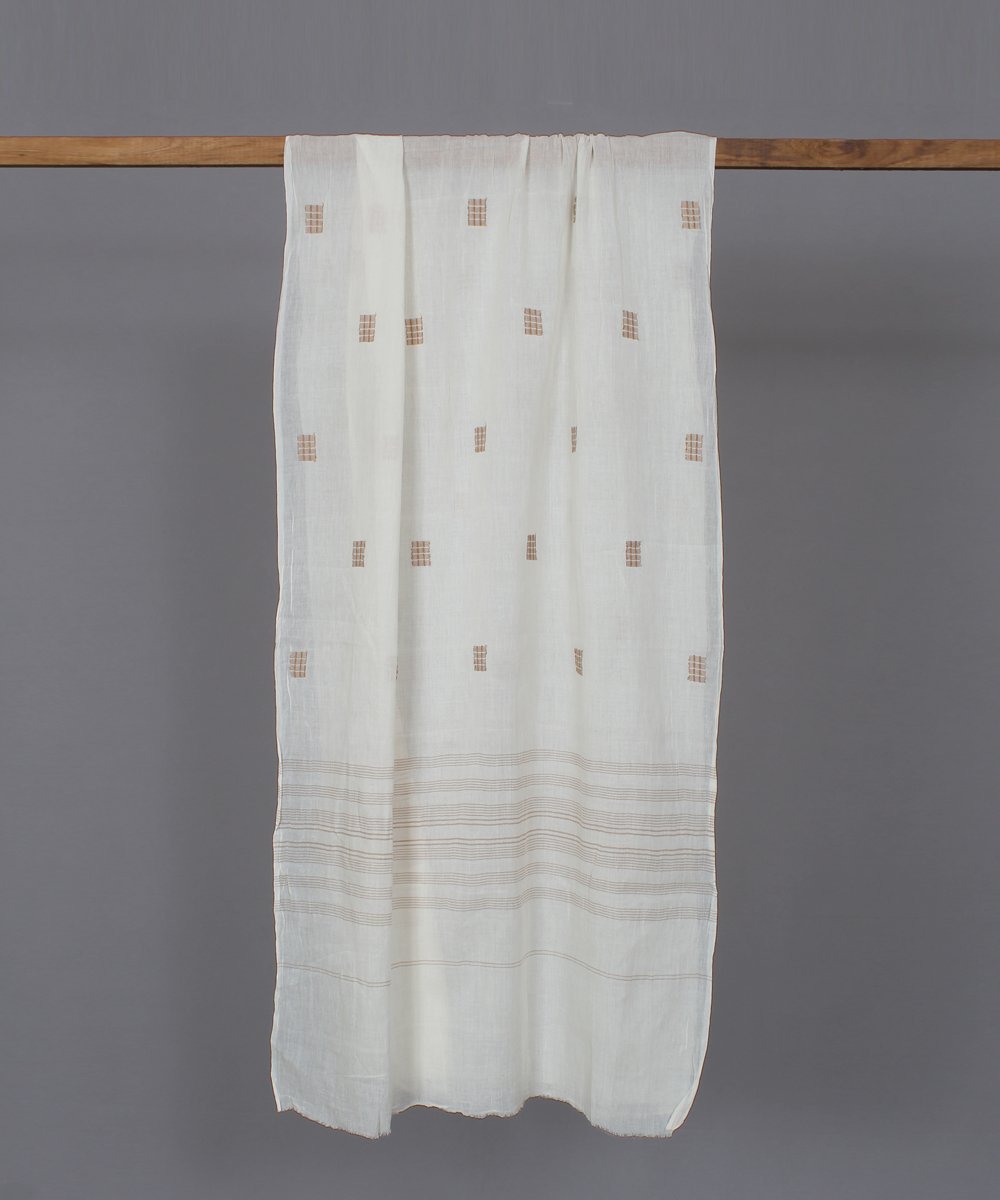 Natural white muslin stole in brown jamdani motif