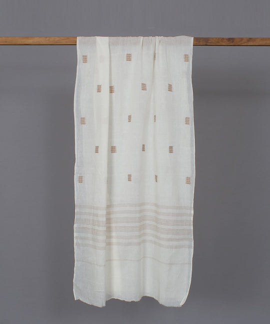 Natural white muslin stole in brown jamdani motif
