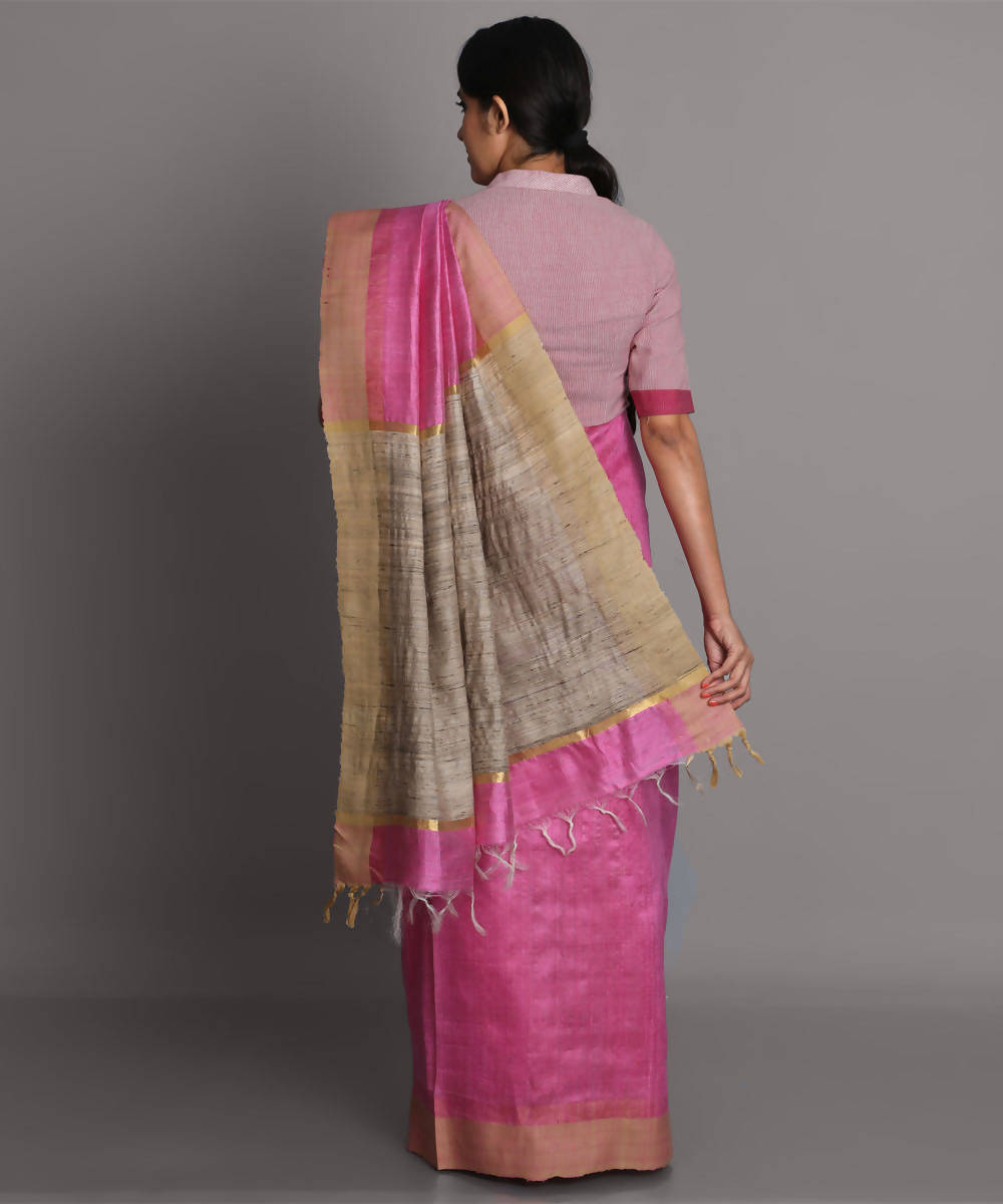 Pink handwoven tussar silk saree