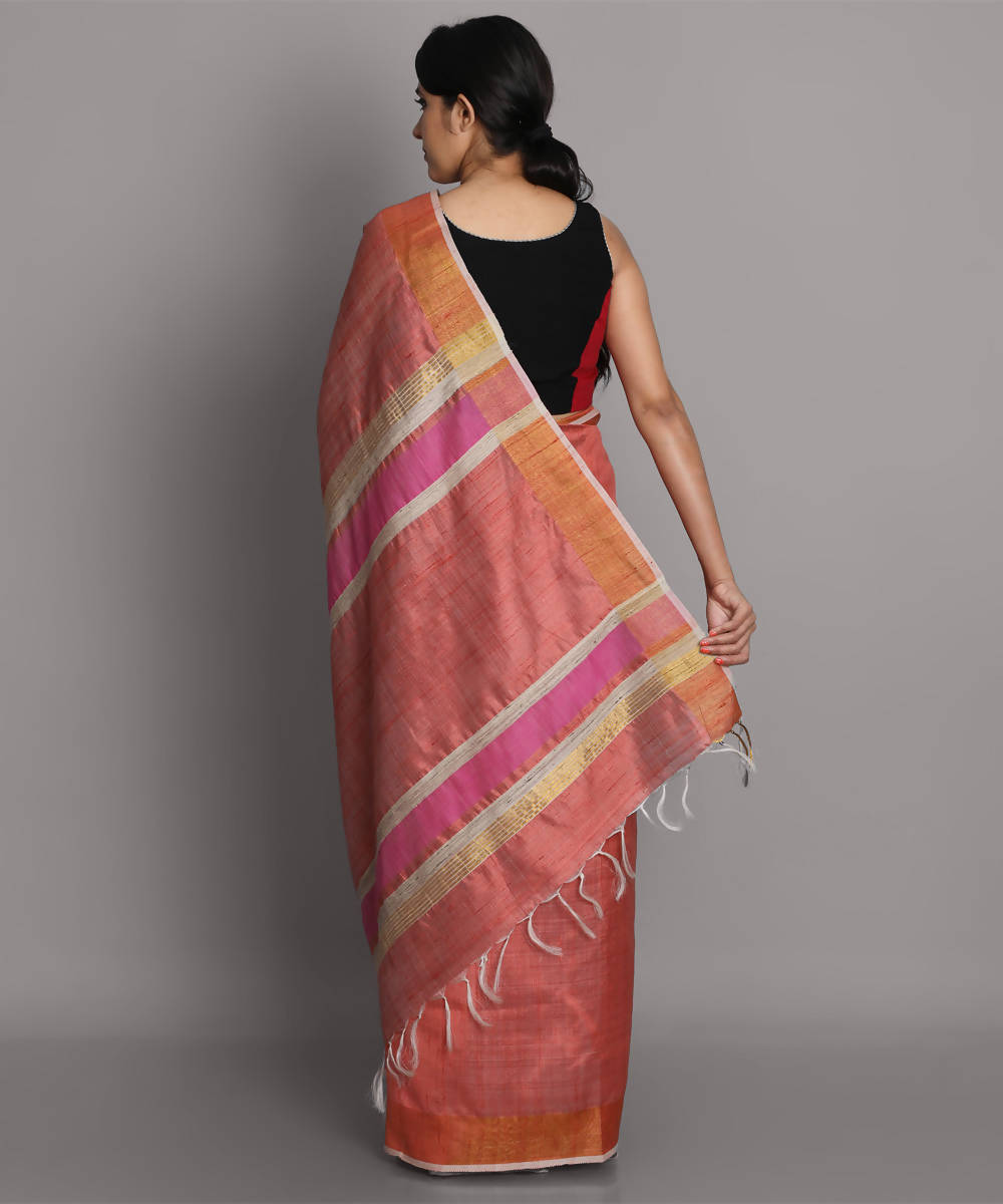 Peach handwoven tussar silk saree