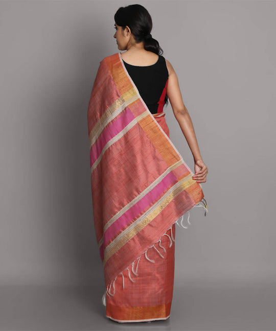 Peach handwoven tussar silk saree
