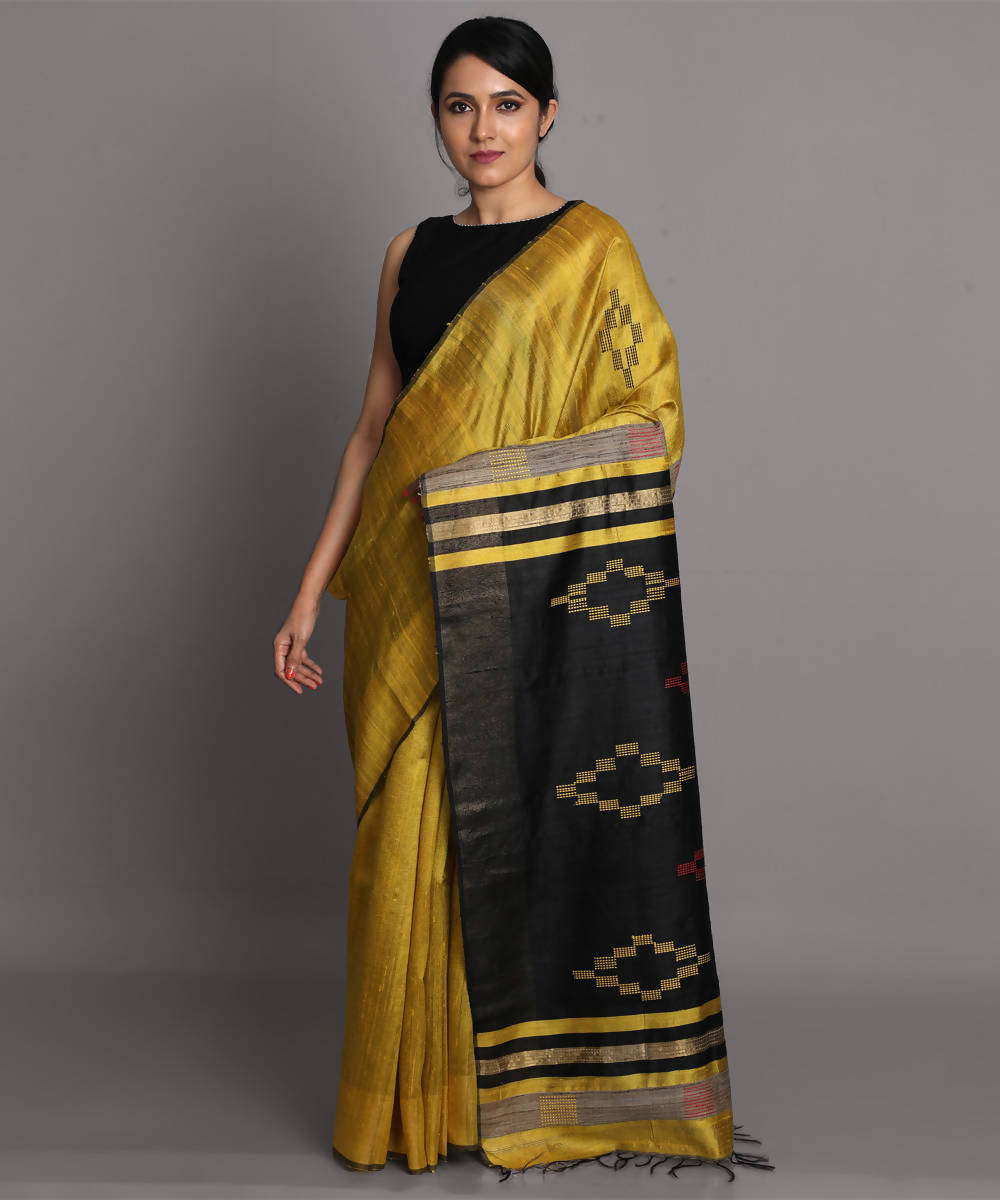 Yellow and black handwoven tussar silk saree