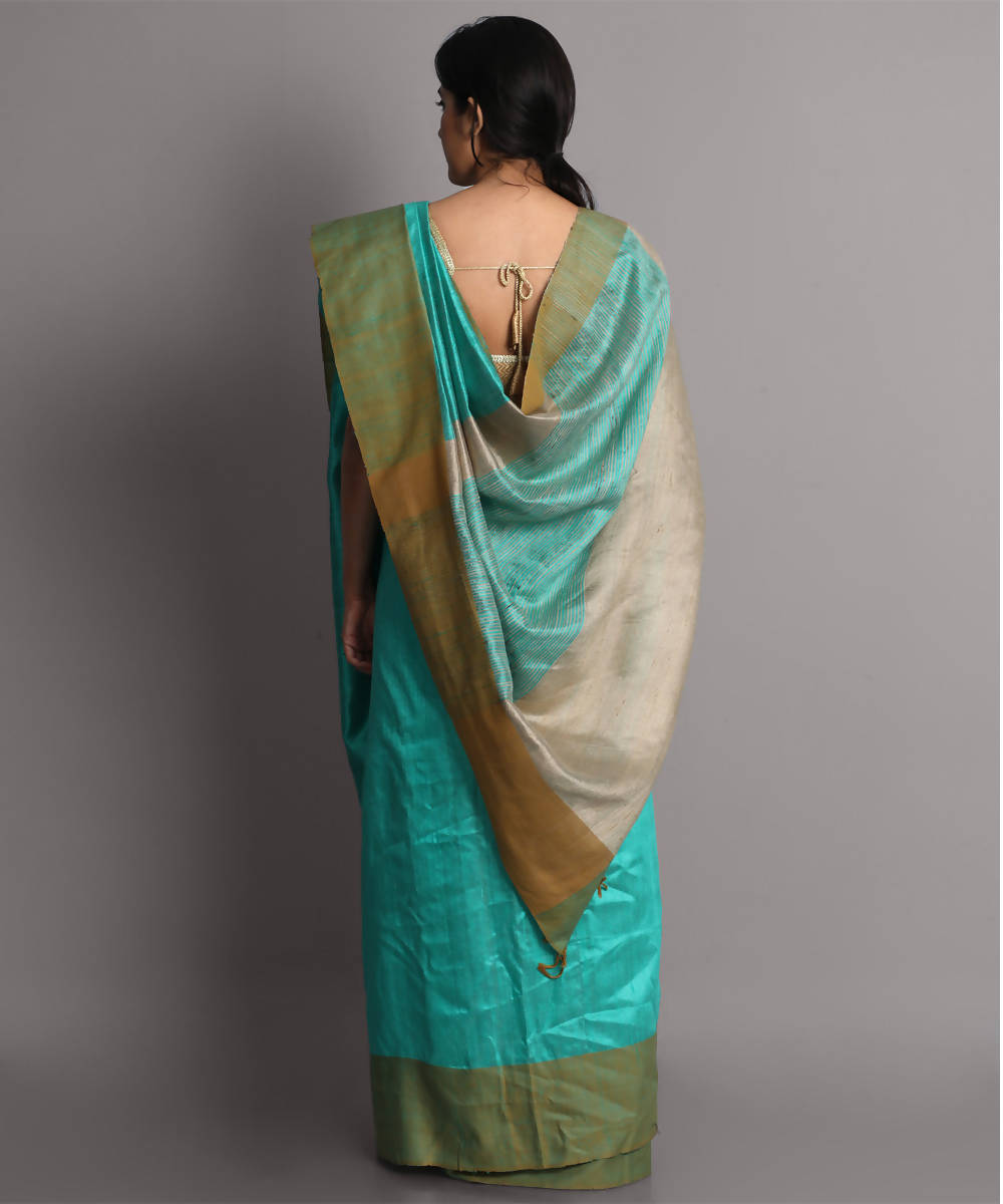 Aqua blue handwoven tussar silk saree