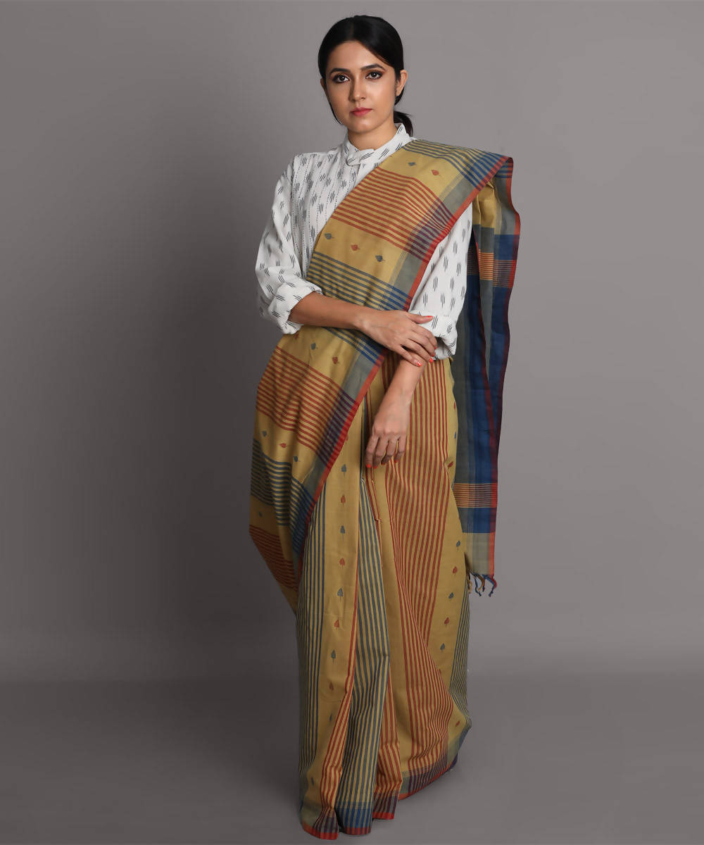 Brown blue cotton srikakulam jamdani handwoven saree