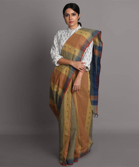 Brown blue cotton srikakulam jamdani handwoven saree
