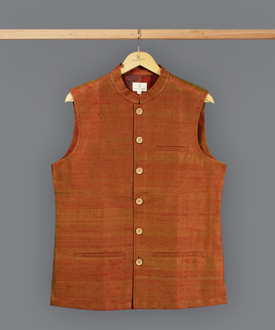 Red green dual shade raw silk nehru jacket