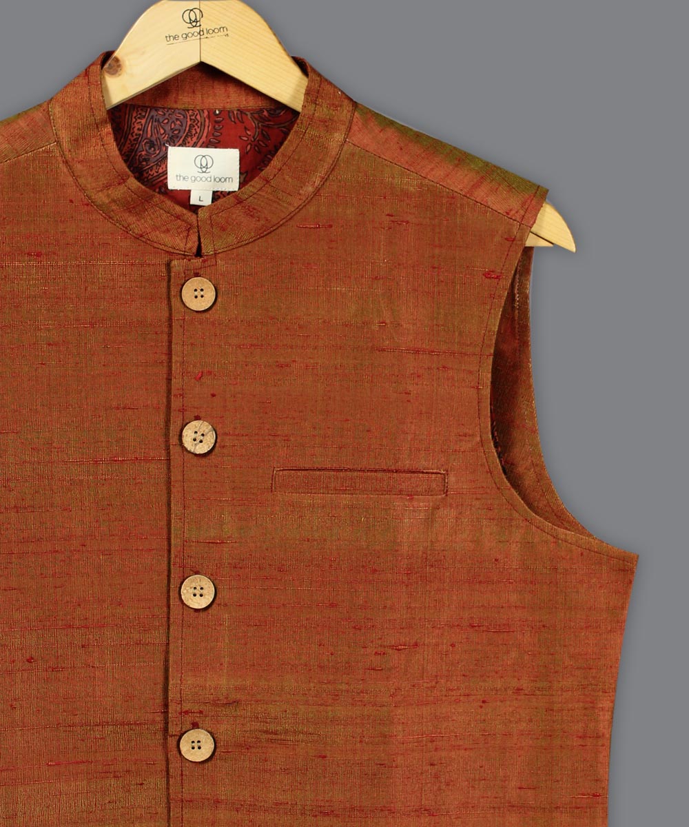 Red green dual shade raw silk nehru jacket