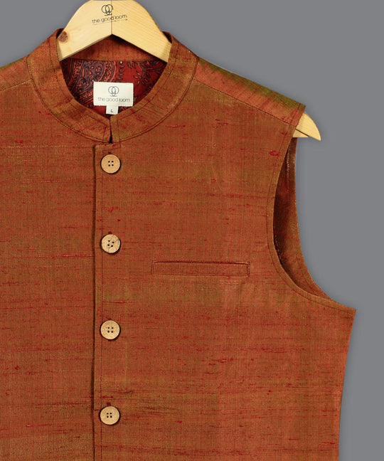 Red green dual shade raw silk nehru jacket