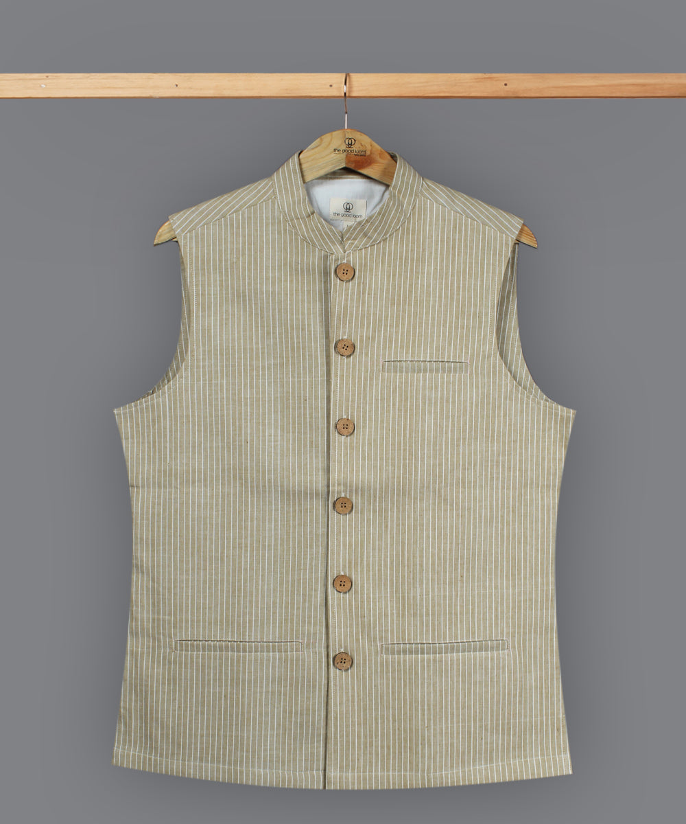 Brown white stripe cotton nehru jacket