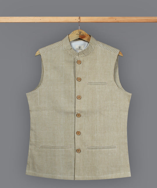 Brown white stripe cotton nehru jacket