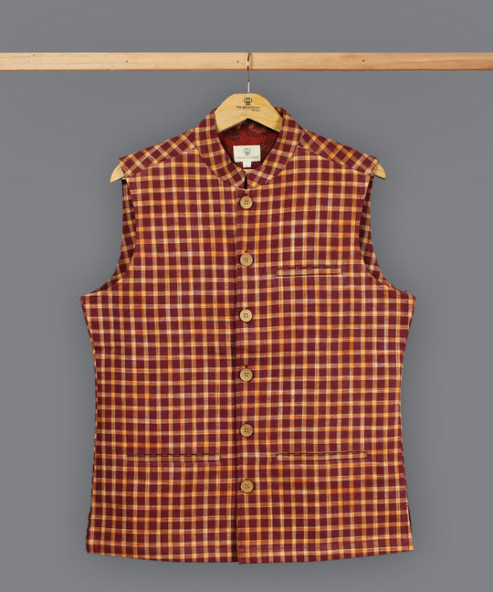 Maroon orange checks cotton nehru jacket