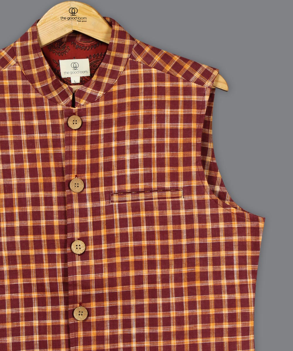 Maroon orange checks cotton nehru jacket
