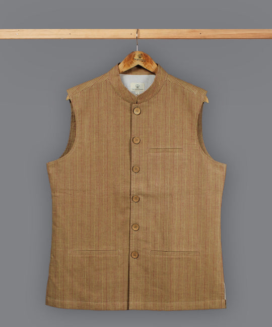 Beige maroon stripe cotton nehru jacket