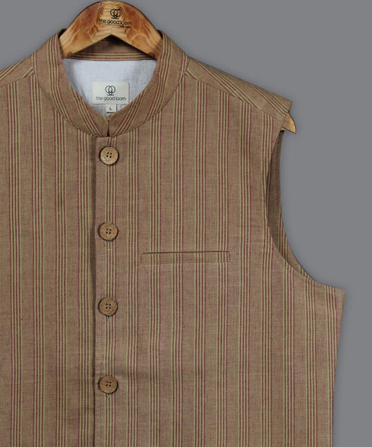 Beige maroon stripe cotton nehru jacket