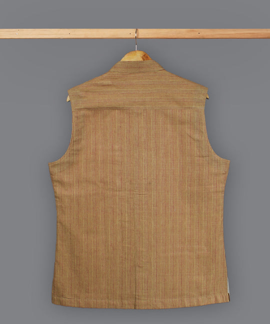 Beige maroon stripe cotton nehru jacket