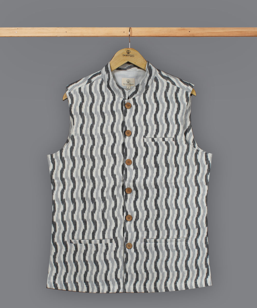 White grey black ikat cotton nehru jacket