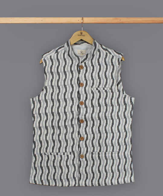 White grey black ikat cotton nehru jacket