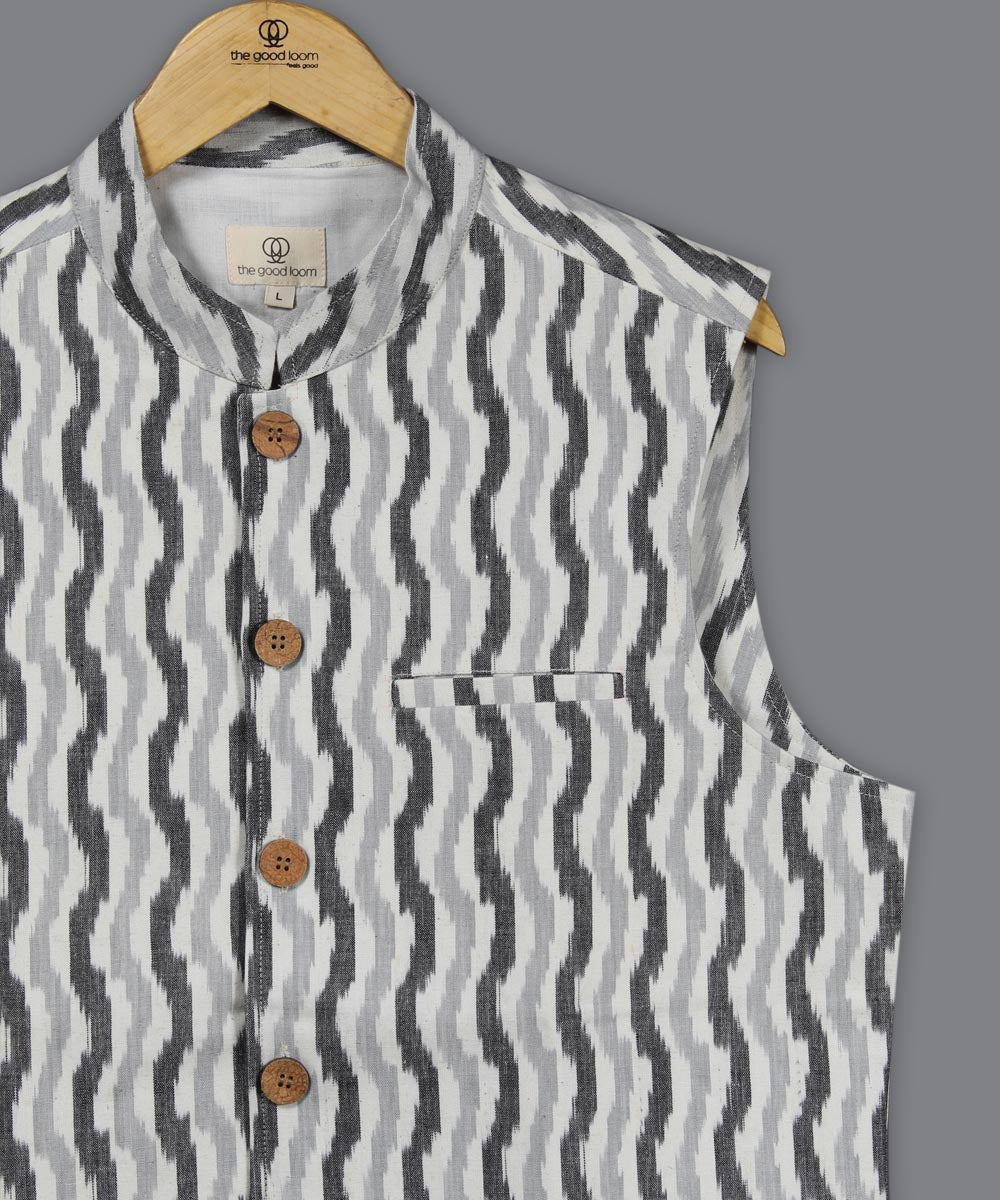 White grey black ikat cotton nehru jacket