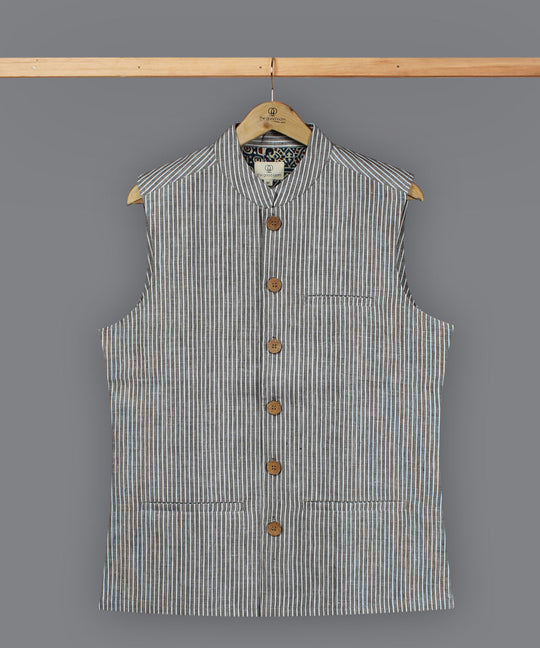 Grey white stripe linen nehru jacket