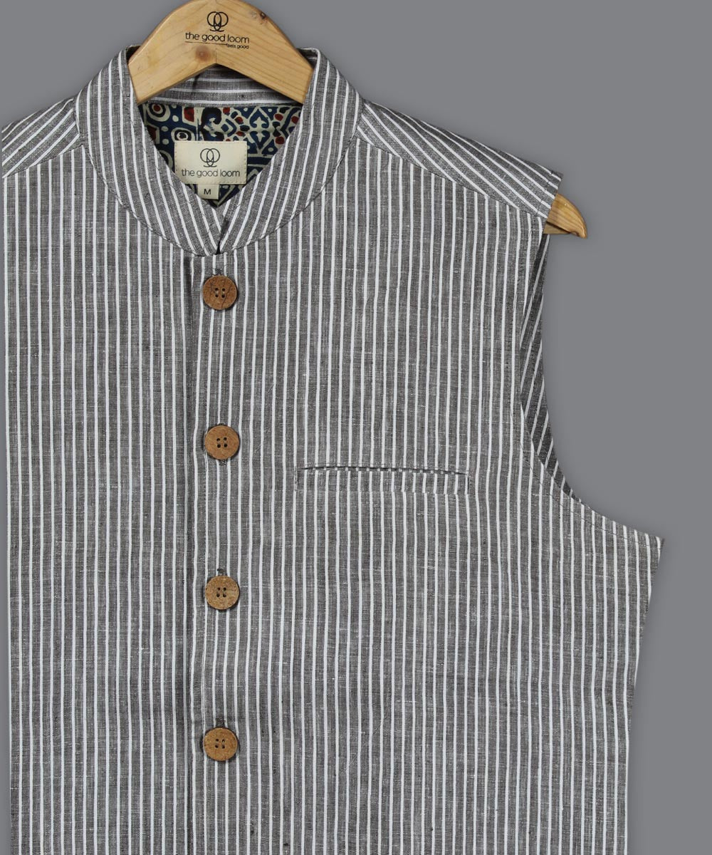 Grey white stripe linen nehru jacket