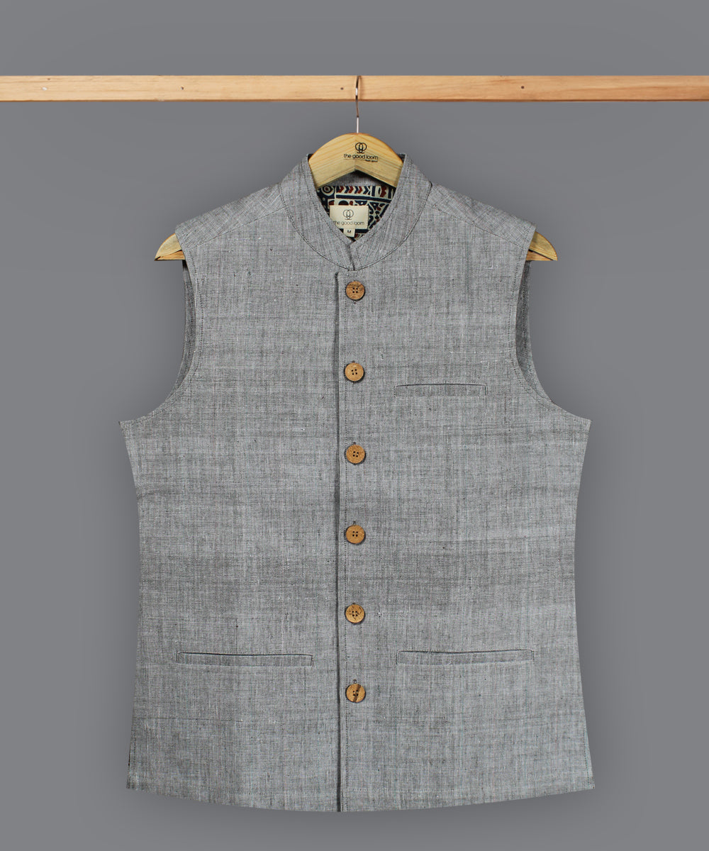 Grey white cotton nehru jacket