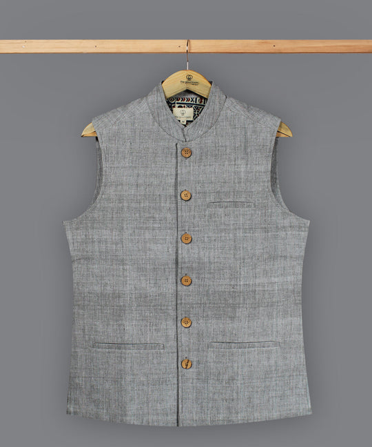 Grey white cotton nehru jacket