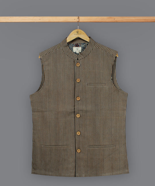 Brown stripe cotton nehru jacket