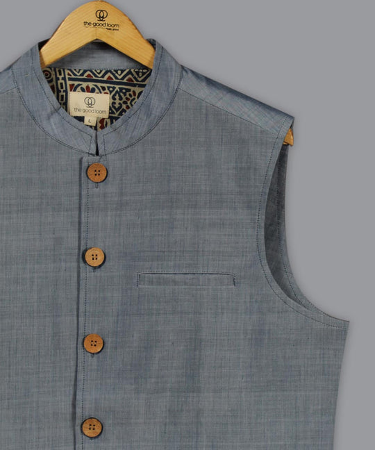 Pale blue cotton nehru jacket