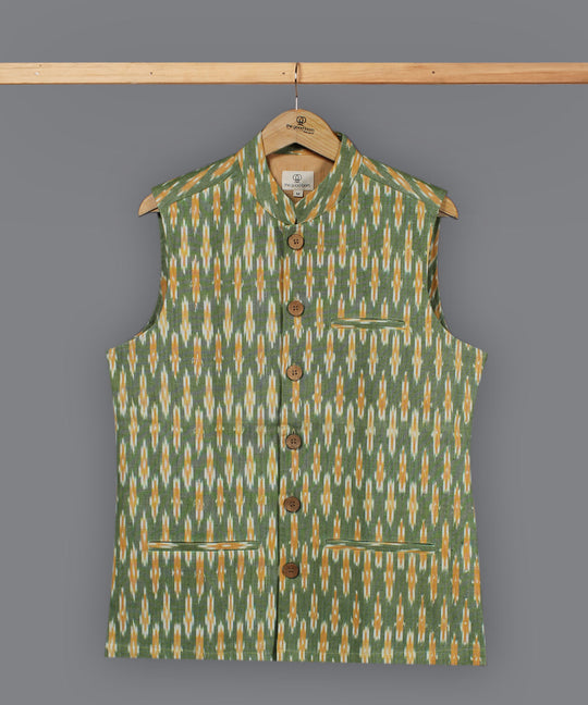 Green yellow ikat cotton nehru jacket