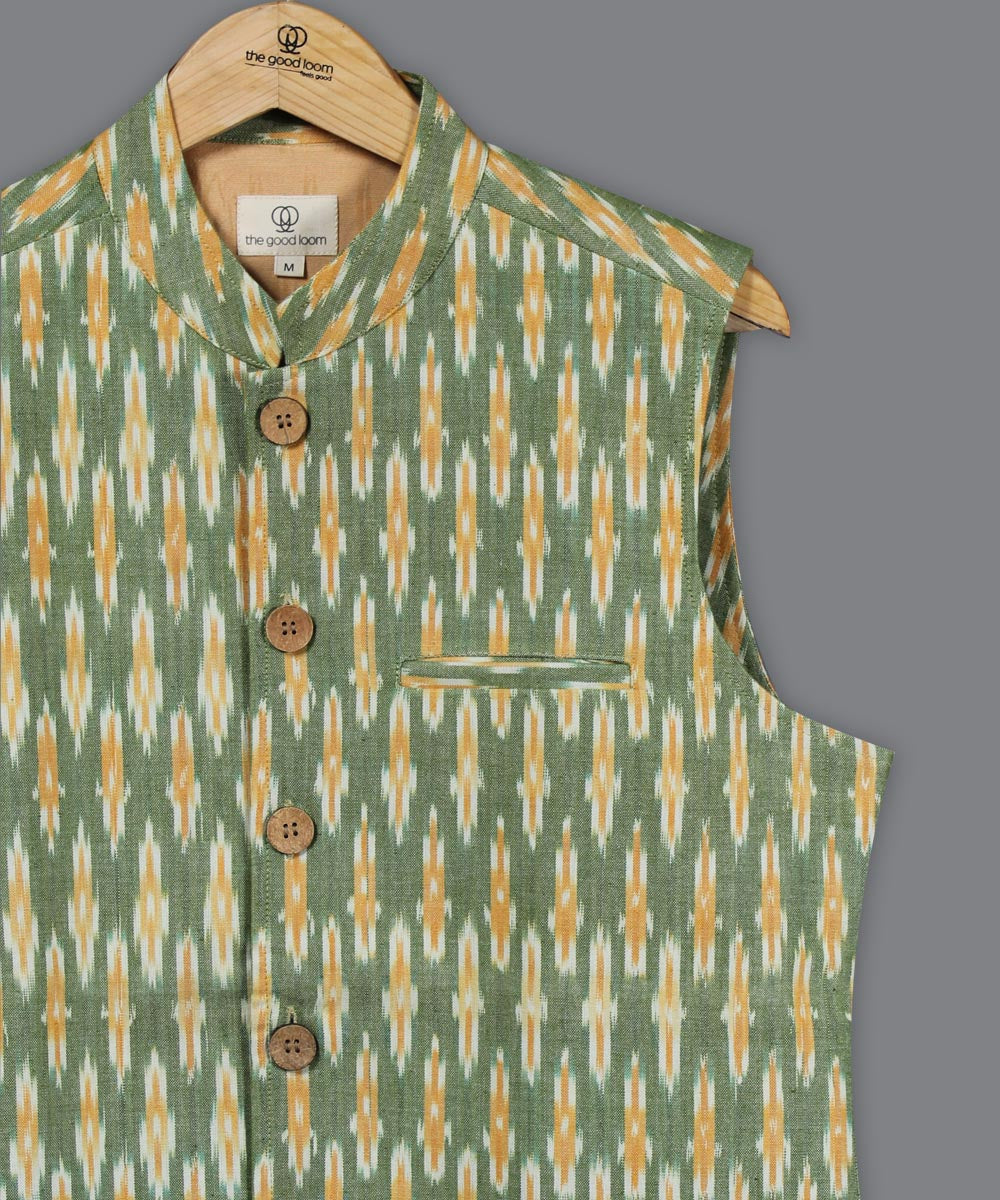 Green yellow ikat cotton nehru jacket