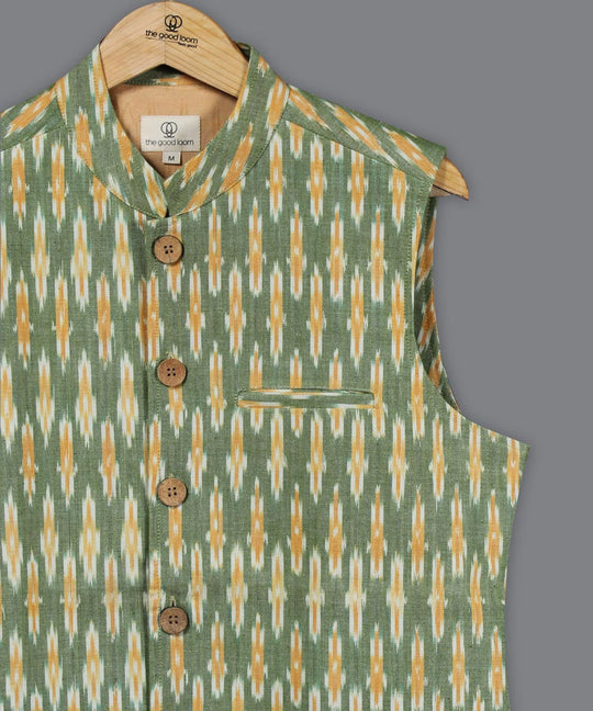 Green yellow ikat cotton nehru jacket