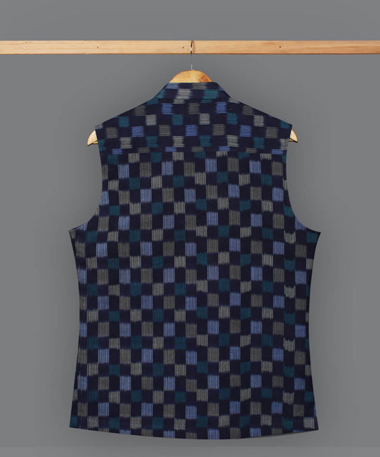 Navy blue pochampally ikat cotton nehru jacket
